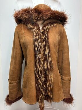 Vintage Diamond Leather Penny Lane Afghan Shearling Coat Hooded Boho Camel M